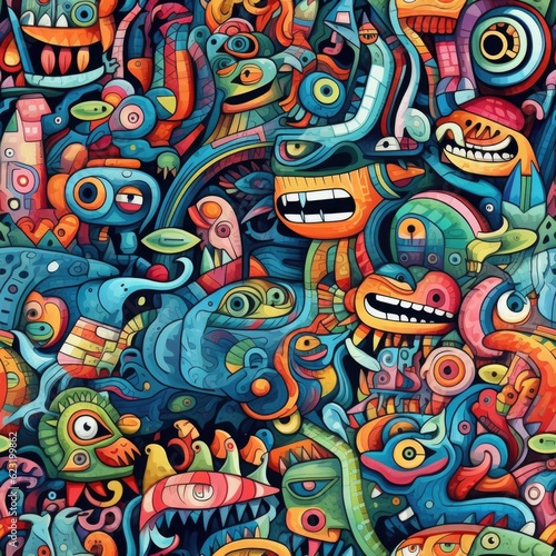 Vibrant Surrealism: Colorful Heads in Surrealistic Cartoon Style with Aztec and Street Art Influences Generative ai © Ecleposs