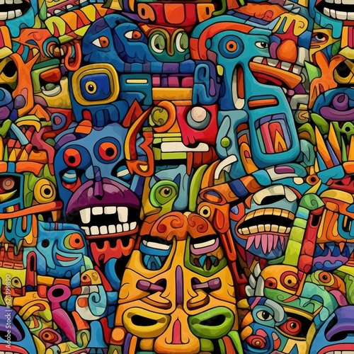 Wallpaper Mural Vibrant Surrealism: Colorful Heads in Surrealistic Cartoon Style with Aztec and Street Art Influences Generative ai Torontodigital.ca