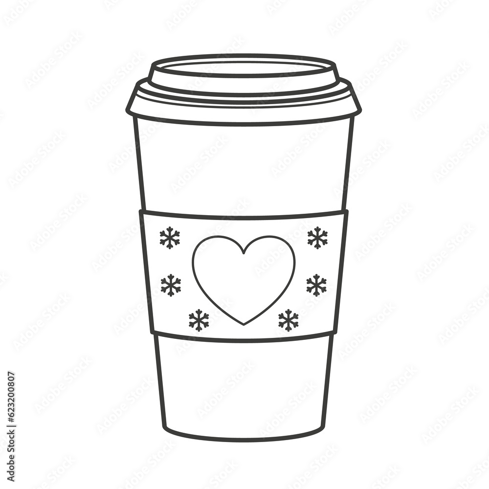 A paper cup for coffee to go. A glass with a heart and snowflakes is a symbol of the seasonal menu. Illustration on transparent background A paper cup for coffee to go. A glass with a heart and snowflakes is a symbol of the seasonal menu. Illustration on transparent background