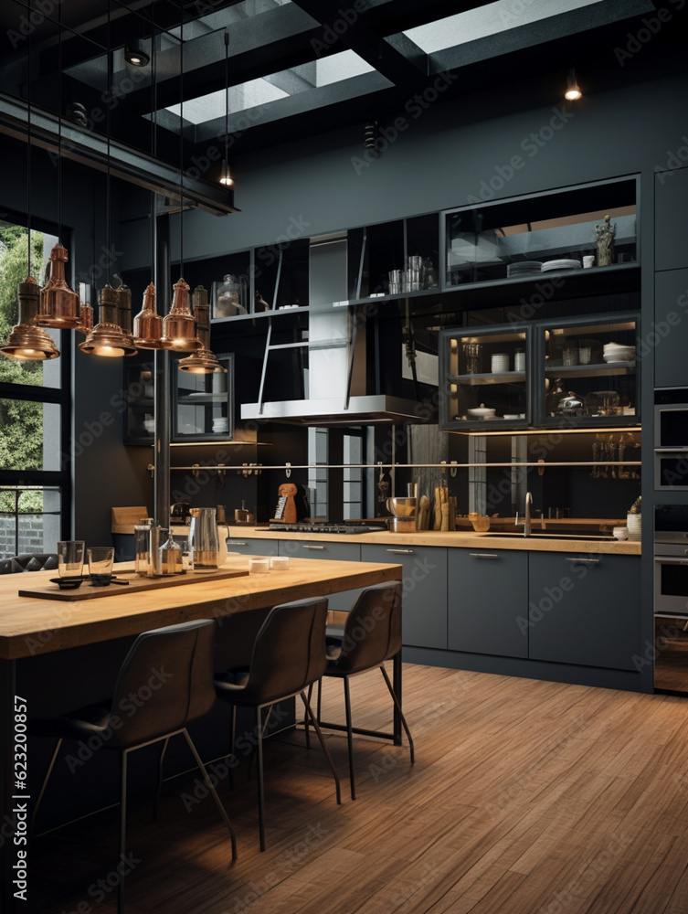 kitchen in a loft-style apartment dark tones