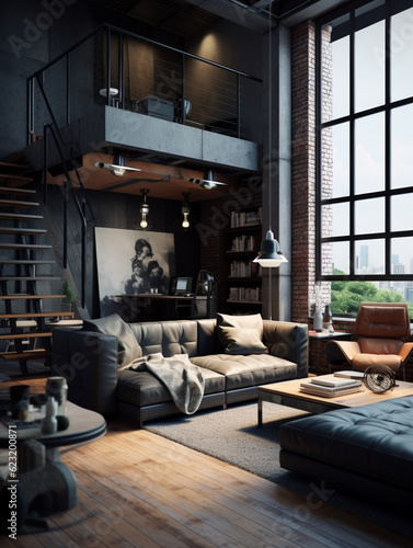 living room in a loft-style apartment dark tones © Ярослав Колташов