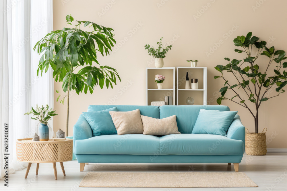 Empty light blue Wall, Full of Potential: Modern beige Sofa and Stylish Decor Await Your Frames & Text - Minimalist Interior Living Room Design
