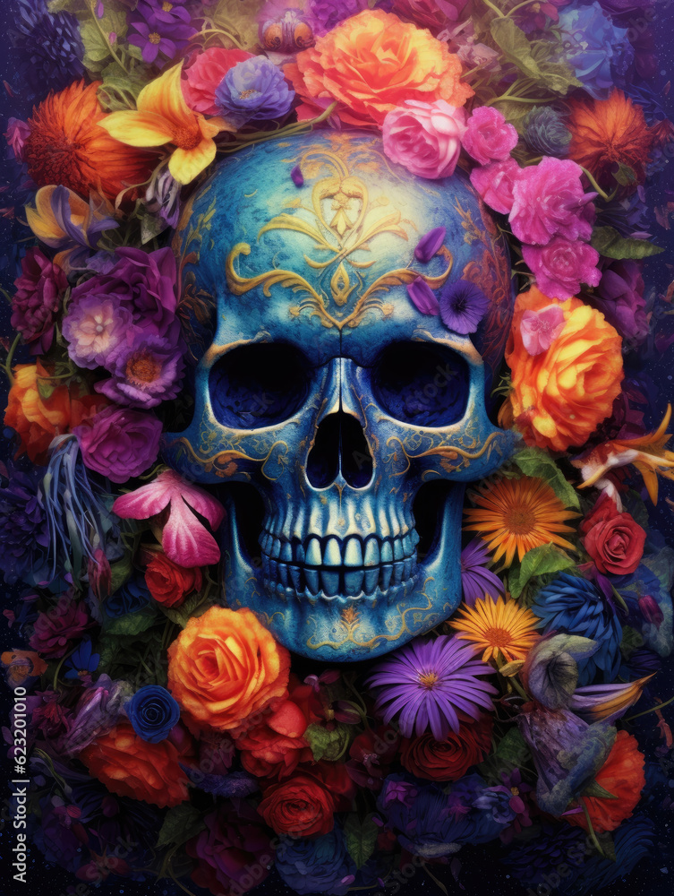 A blue skull embellished with flowers, presented in a vivid and psychedelic artistic manner. Generative AI.