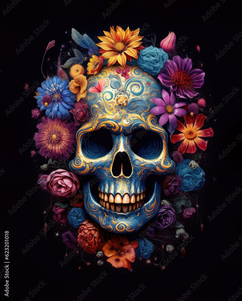 A skull embellished with flowers, presented in a vivid and psychedelic artistic manner. Dark background. Generative AI. A skull embellished with flowers, presented in a vivid and psychedelic artistic manner. Dark background. Generative AI.
