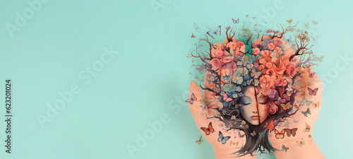 Human mind with flowers and butterflies growing from a tree, positive thinking, creative mind, self care and mental health concept, generative AI used for woman photo