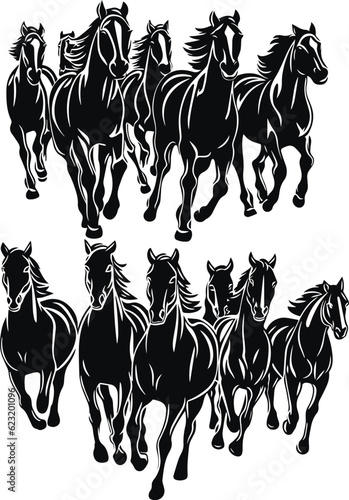 Herd of wild horses, mustang horses rushing forward, silhouette outlines of running animals group, vector Illustration, SVG