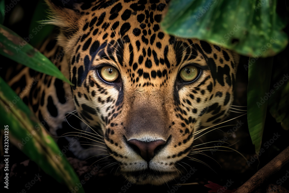 Close-up of beautiful jaguar in the jungle. Amazing Wildlife. Generative Ai - obrazy, fototapety, plakaty 