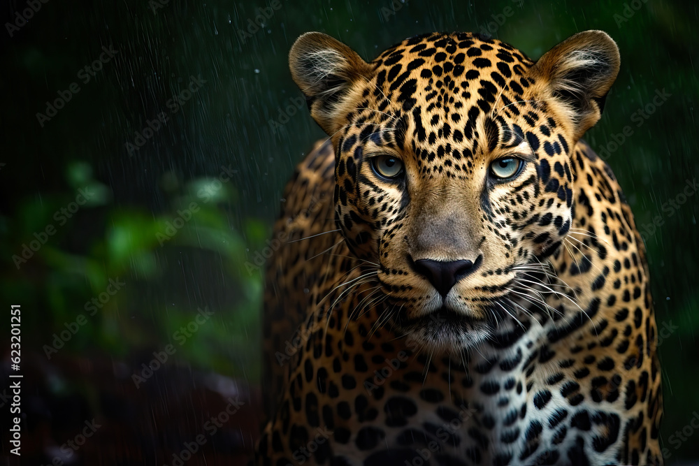 Obraz premium Stunning jaguar in the jungle in the rain. Amazing wildlife. generative Ai
