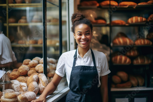 Generative AI illustration of Beautiful black woman working in a bakery oven. black power