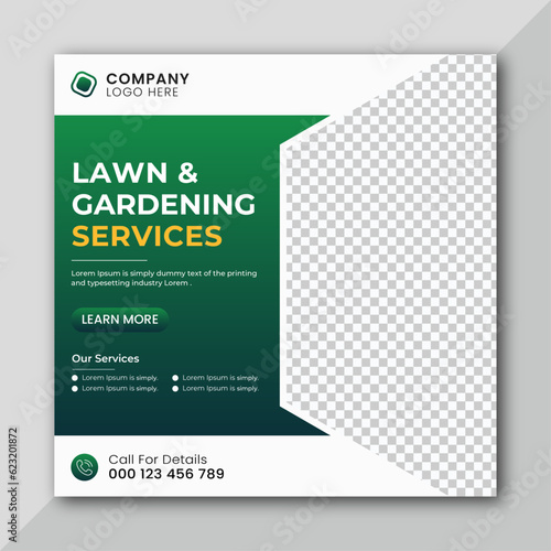 Lawn or gardening service social media post and web banner template.
Lawn care or gardening landscaping service instagram post.