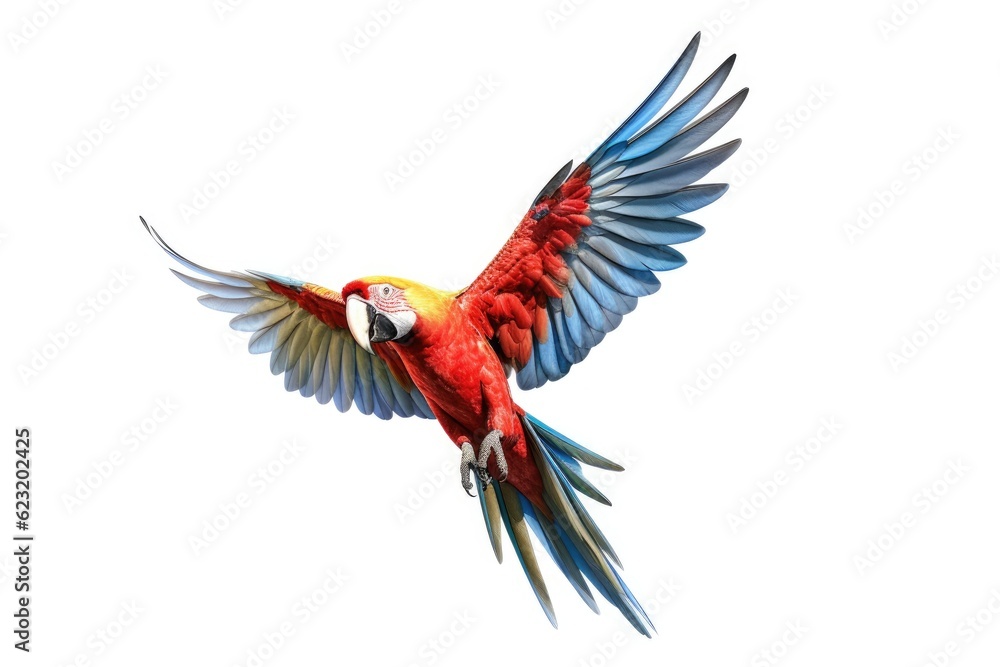 Fototapeta premium A Scarlet macaw parrot flying isolated on white background. Generate Ai