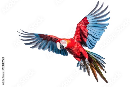 A Scarlet macaw parrot flying isolated on white background. Generate Ai