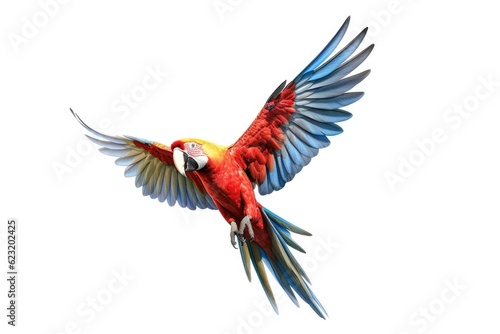 A Scarlet macaw parrot flying isolated on white background. Generate Ai