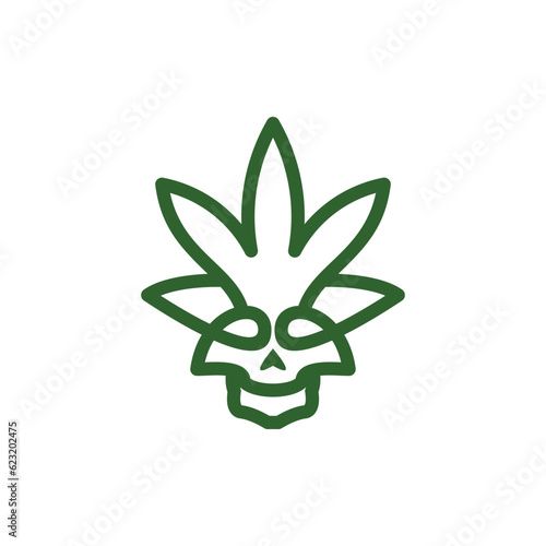 Skull head with cannabis leaf nature line simple logo template, vector illustrations for your work logo