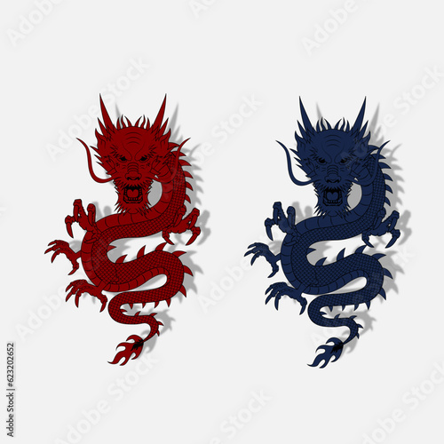 Asian red and blue Dragon with black stroke white background. Chinese dragon. Two Dragon silhouettes