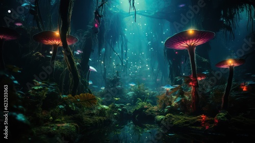 A dense jungle teeming with vibrant, bioluminescent flora, creating a surreal and ethereal atmosphere. Jungle, Bioluminescence, Fantasy, Mirrorless, Macro lens A dense jungle teeming with vibrant, bio