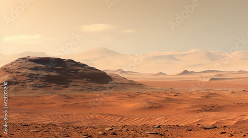 the surface of Mars, showing reddish sand dunes, rocks, and distant mountains, as seen from a Mars Rover © Marco Attano