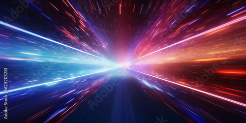 Spaceship traveling at light speed, streaks of starlight, vibrant hues of hyperspace