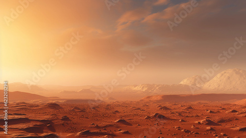 фотография the surface of Mars, red sands, towering Olympus Mons in the distance, sunset ca