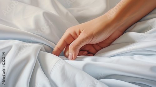 Graceful Touch: Female Hand Resting on White Fabric © Oleg