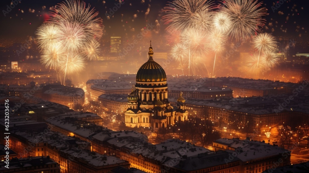 Happy new year in the capital there are fireworks in the sky at night. Generate Ai