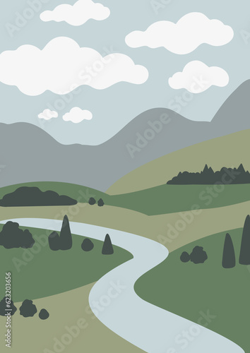 mountain landscape wall art illustration, abstract landscape clipart, vector simple nature background, travel road trip clip art, forest images in flat style, minimal outdoor, digital download print