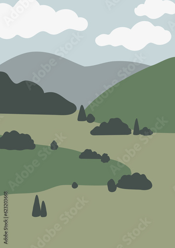 mountain landscape wall art illustration  abstract landscape clipart  vector simple nature background  travel road trip clip art  forest images in flat style  minimal outdoor  digital download print