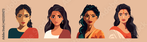 Vector set of india woman avatar in sari. Indian girls set. Portrait of a young girl from India in a traditional dress. Vector cartoon avatar icon