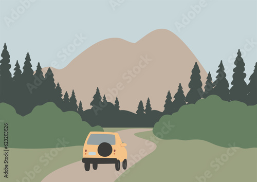 mountain landscape poster illustration clipart, vector travel road trip printable clip art, hiking in mountain scene images in flat cartoon style, tourist couple woman rock forest outdoor journey