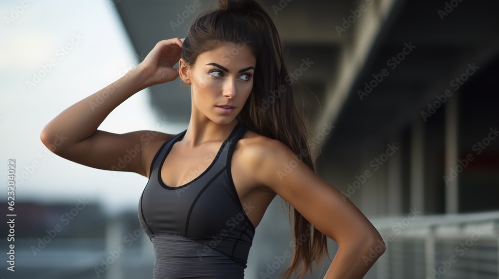 Slim woman athlete adjusting her ponytail while standing in outdoors studio