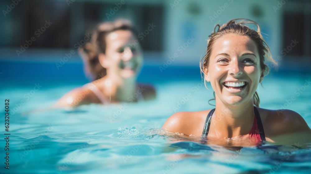 Fototapeta premium Swimming team, women and happy with sports and fitness, athlete at pool with laughter