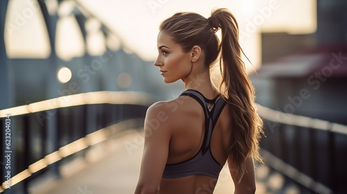 Slim woman athlete adjusting her ponytail while standing in outdoors studio