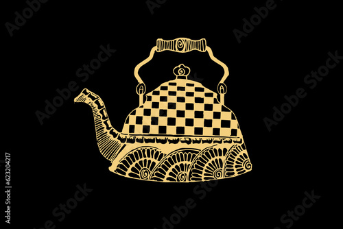 Zentangle art for Tea Kettle with gold color isolated on dark black background - vector illustration