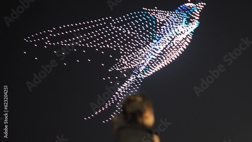 4K footage of glowing flying drones creating 3D shape of a bird. Night deep sky, soft colors, Asian style. Concept of modern technology, entertainment