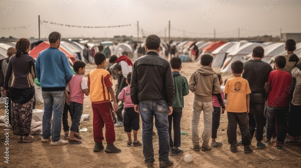 Obraz premium Crowd of homeless refugees view from the back with staff and children in refugee camp. Refugees and economy crisis.