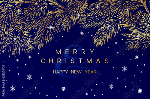 Christmas Poster with golden pine branches on dark blue background. New year illustration.