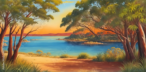 Australian bush painted landscape. AI generated illustration