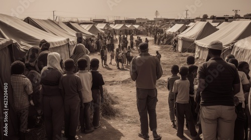 Crowd of homeless refugees view from the back with staff and children in refugee camp. Refugees and economy crisis.