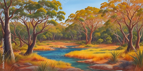 Australian bush painted landscape. AI generated illustration