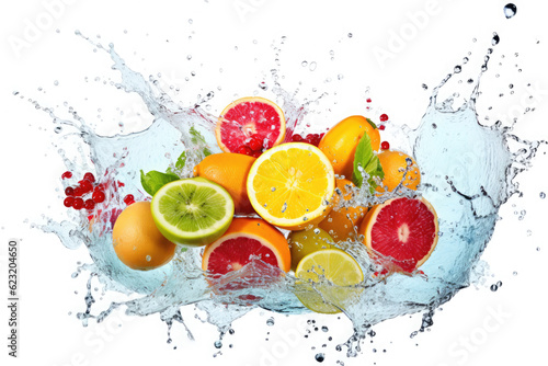 tropical fruit water splash isolated on white background