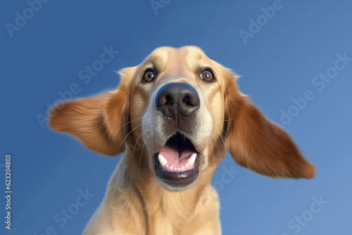 Very Happy Cheerful Dog Golden Retriever In Jumping, In Flight On Light Blue Background. Generative AI