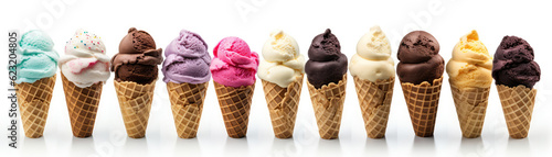 Set Of Different Kinds Of Ice Cream Balls In Waffle Cones On White Background. Panoramic Banner. Generative AI