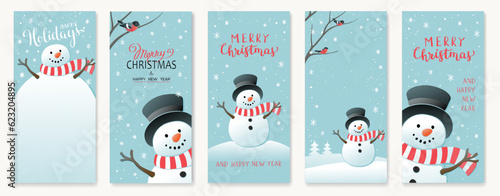Christmas background with snowman and snowflakes. New year illustration. Christmas template for social media.