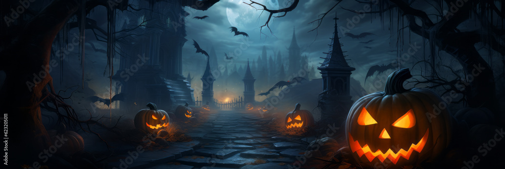 Halloween background with full moon, pumpkins and bats