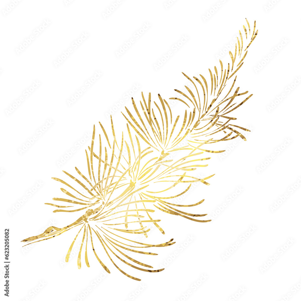 Christmas tree branch with golden foil texture isolated on white background. Christmas tree branch with golden foil texture isolated on white background.