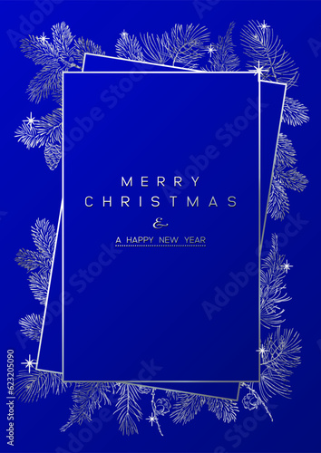 Christmas vertical Poster with silver pine branches on blue background. New year illustration.