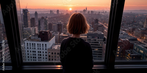 The girl at the big window looks at the evening city. Generative AI