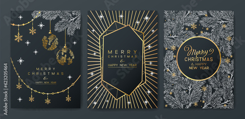 Christmas Poster set. Vector illustration of dark Background with branches of Christmas tree