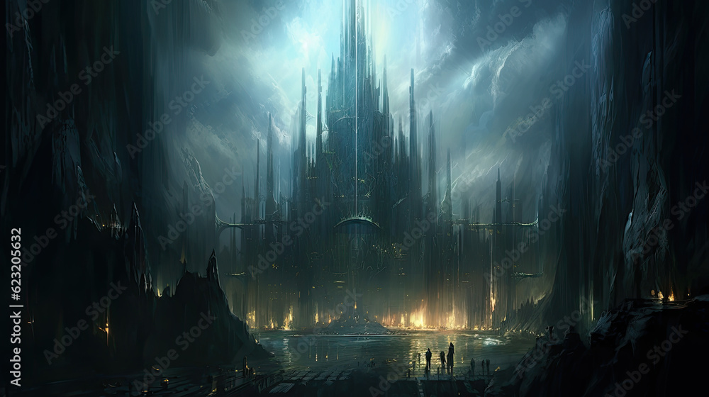 Towering spires and cascading water photo realistic illustration - Generative AI.