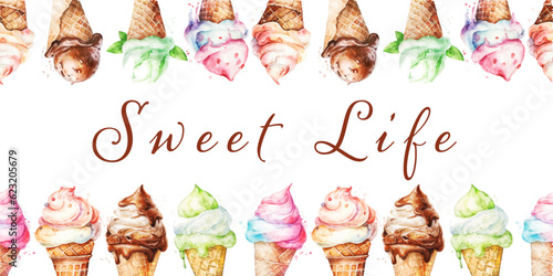 Bright colorful ice cream cones.  Summer sweets. Watercolor seamless vector pattern on a white background. Frame for text.